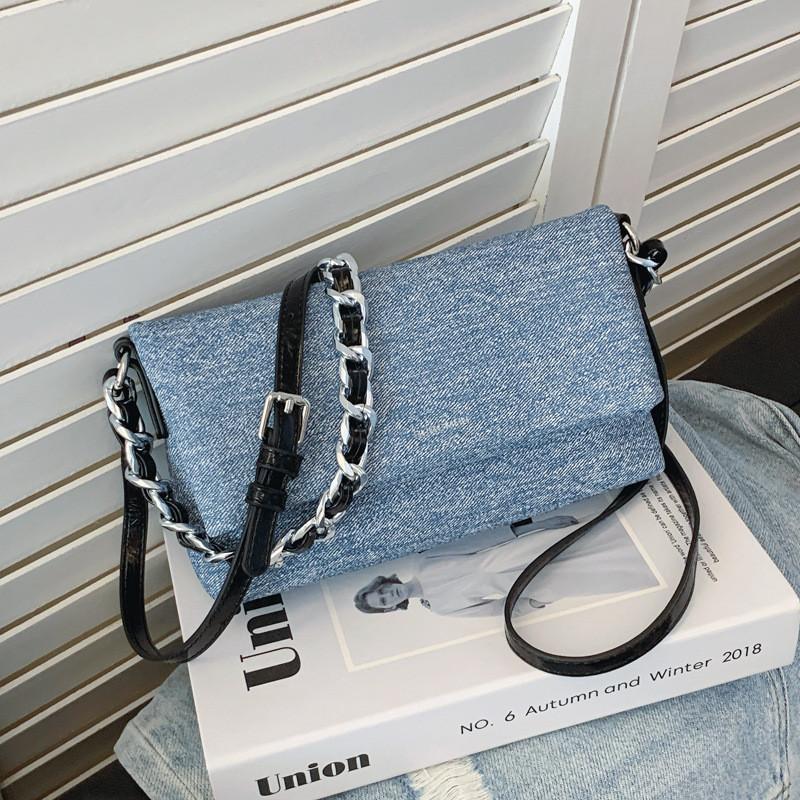 IELGY Fashionable Denim Underarm Bag High-End Chain Shoulder Messenger Bag All-Match Small Square Bag