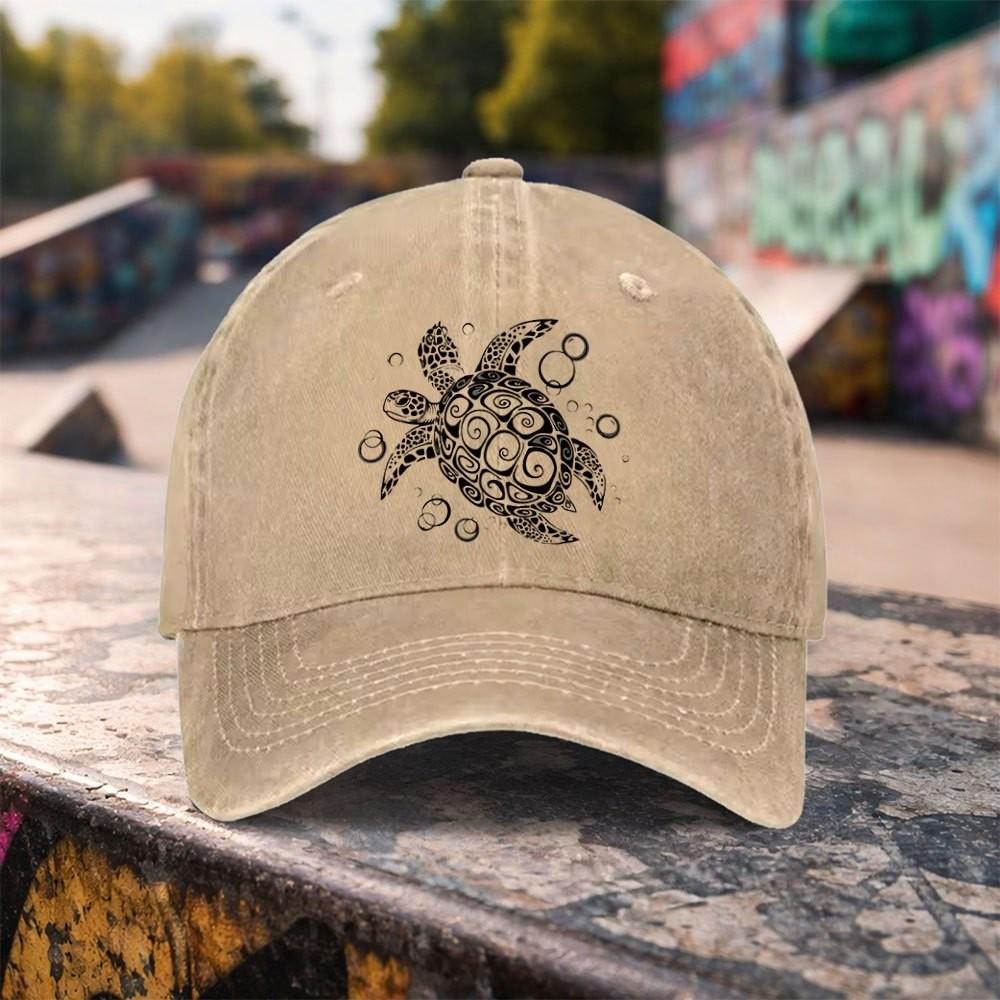 Tribal Turtle Print Washed Baseball Cap Adjustable Outdoor Accessory Unisex Cotton Duckbill Hat