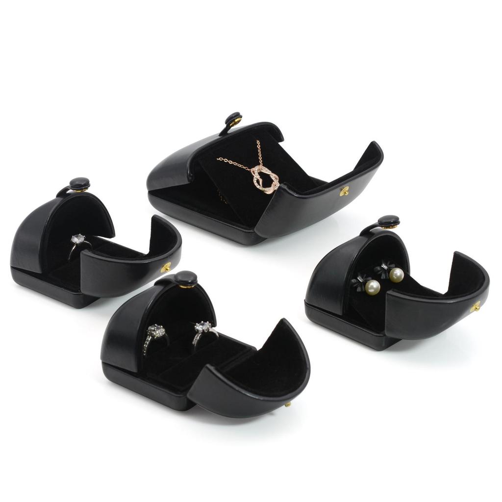 Black Leather Dual-Opening Jewelry Box for Rings, Earrings, Necklaces, and Bracelets