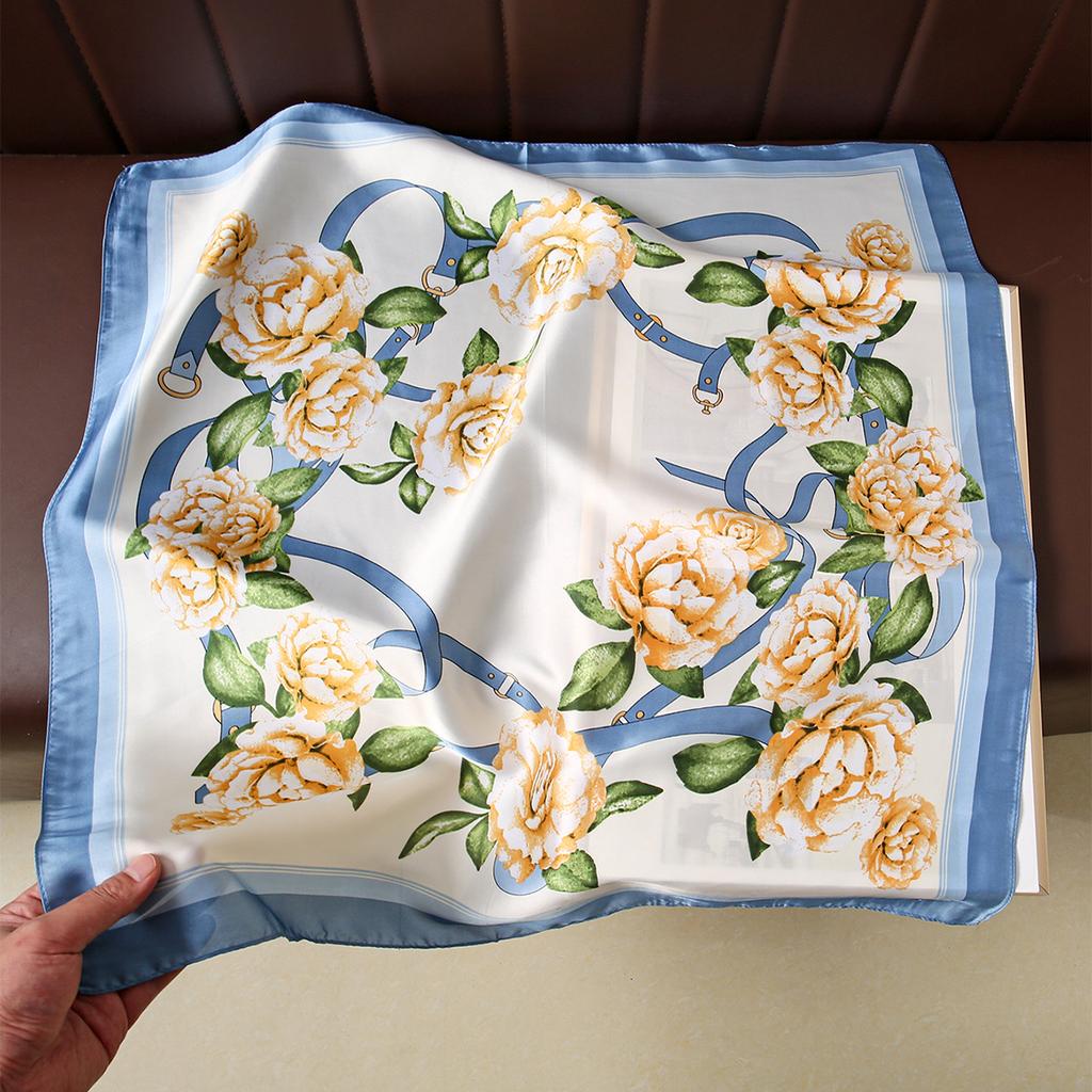 Summer Floral Printed Square Scarf Satin Silk Shawl Small Size Handkerchief Woman Elegant Scarves Ladies Kerchief 67*67Cm