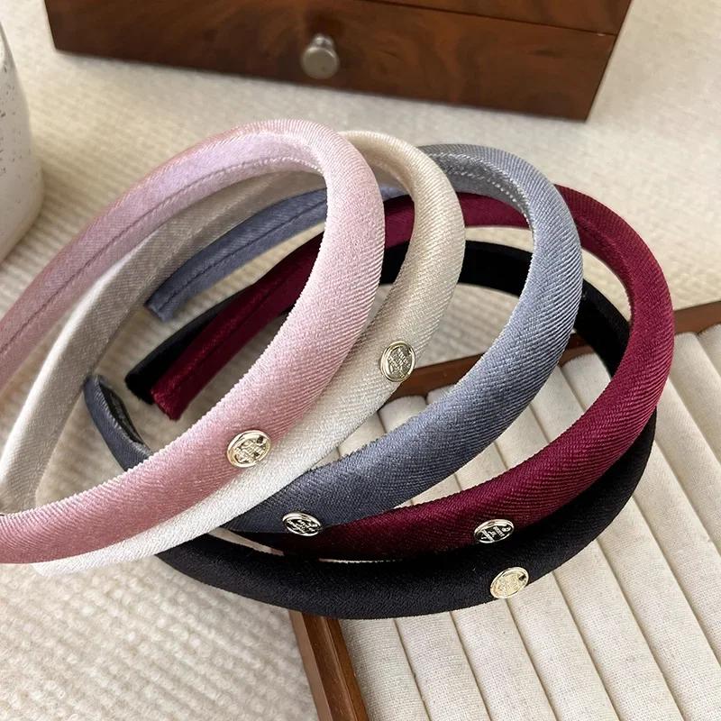 Retro Velvet Textured Gold Label Headbands for Woman Girl Temperament Hair Hoop Simple Colorful Hair Bands Fashion New Headdress