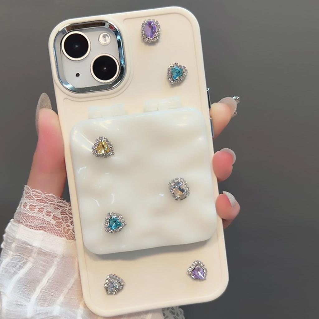 Stylish Colorful Diamond Flip Mirror Folding Phone Case For iPhone 15 14 13 12 11 Pro Max Drop Proof Cartoon Girl Phone Case