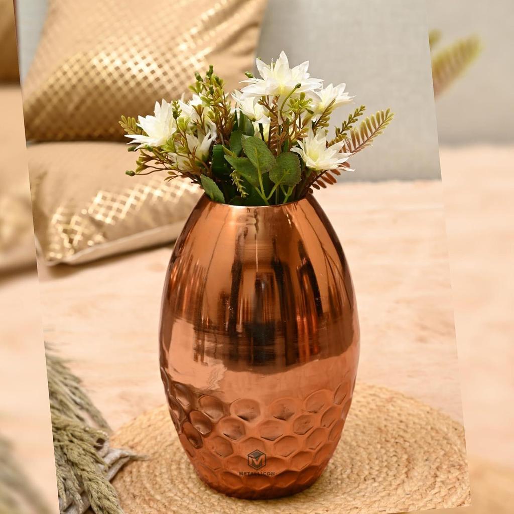 Gold Iron Vase – 11 Inches, Handcrafted Decorative Vase with Hammered Honeycomb Texture, Modern Flower Vase