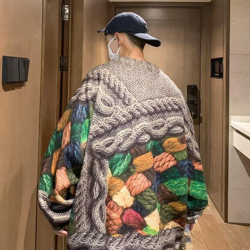 3D tištěný pánský svetr s kulatým výstřihem volný oversized vintage pulovr pletený top