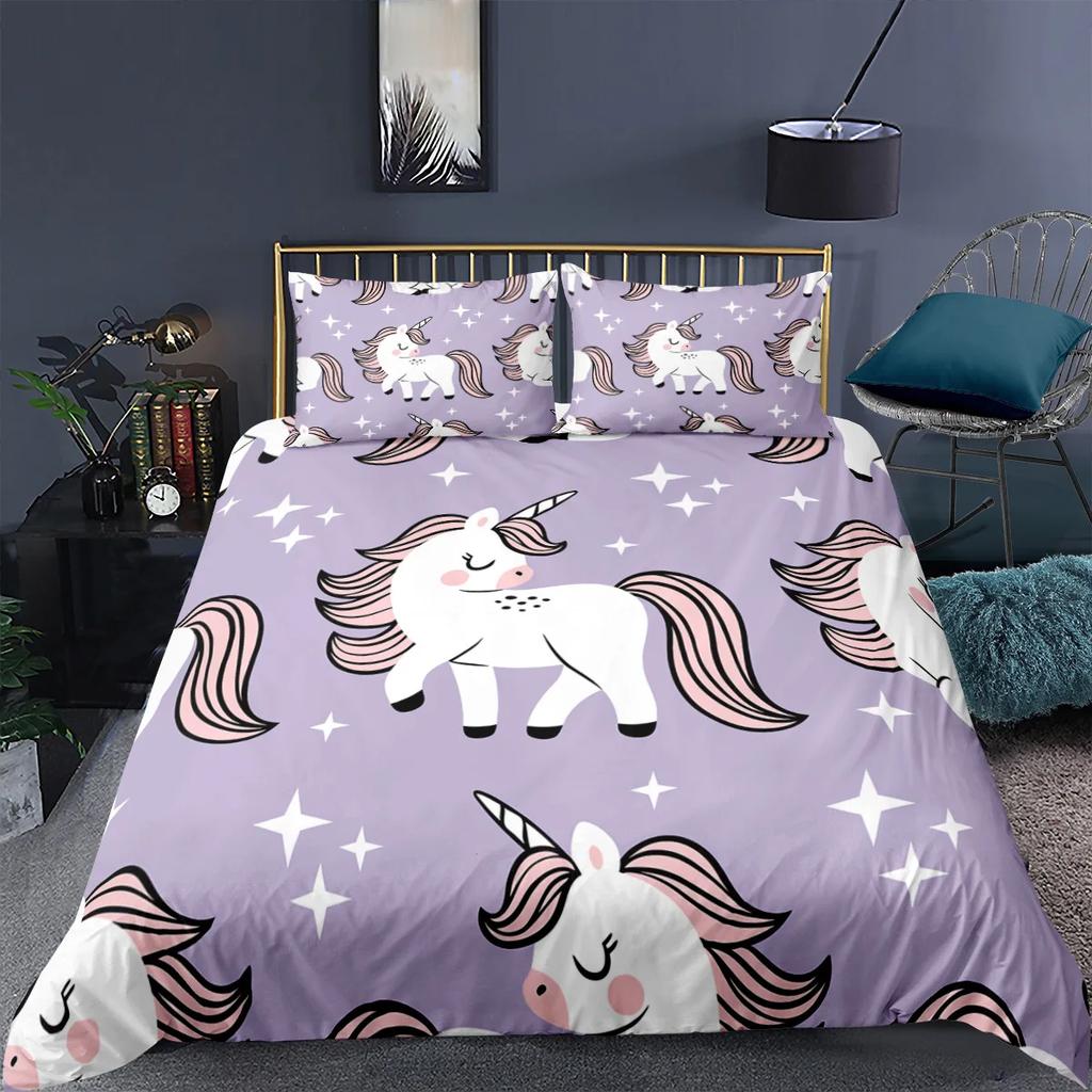 Unicorn Bedding Set King Queen White Pink Unicorn Duvet Cover for Girls Kids Dreamy Cartoon Sparkle Lilac Polyester Quilt Cover