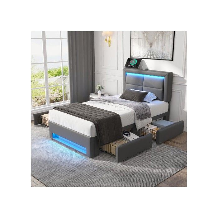 Gepolstertes Bett - MUVOE - 90x200 cm - mit USB-Anschluss - LED-Beleuchtung - 4 graue Schubladen