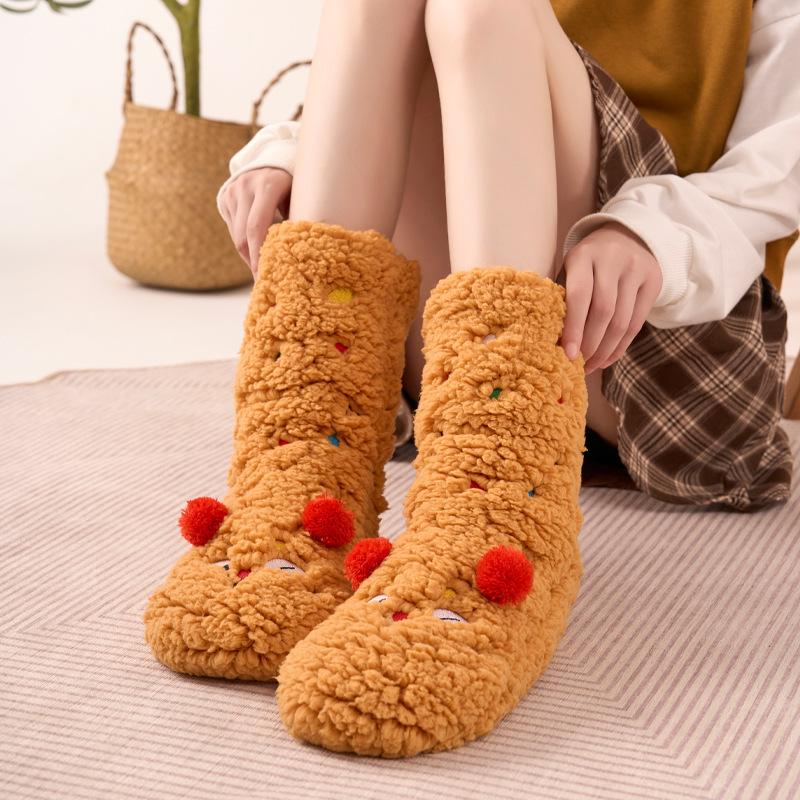 Mode Cartoon Bestickt Damen Haussocken Lammwolle Herbst und Winter Zuhause Rutschfest Dick Warm Lustig, Paarsocken