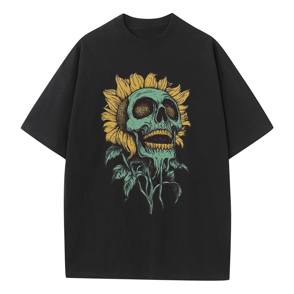 Baumwolle Oversized T-Shirt Grafik-Tees Sonnenblume Schädel Streetwear Schwerer Komfort Überschnittene Schultern Vintage T-Shirts Herren Tops