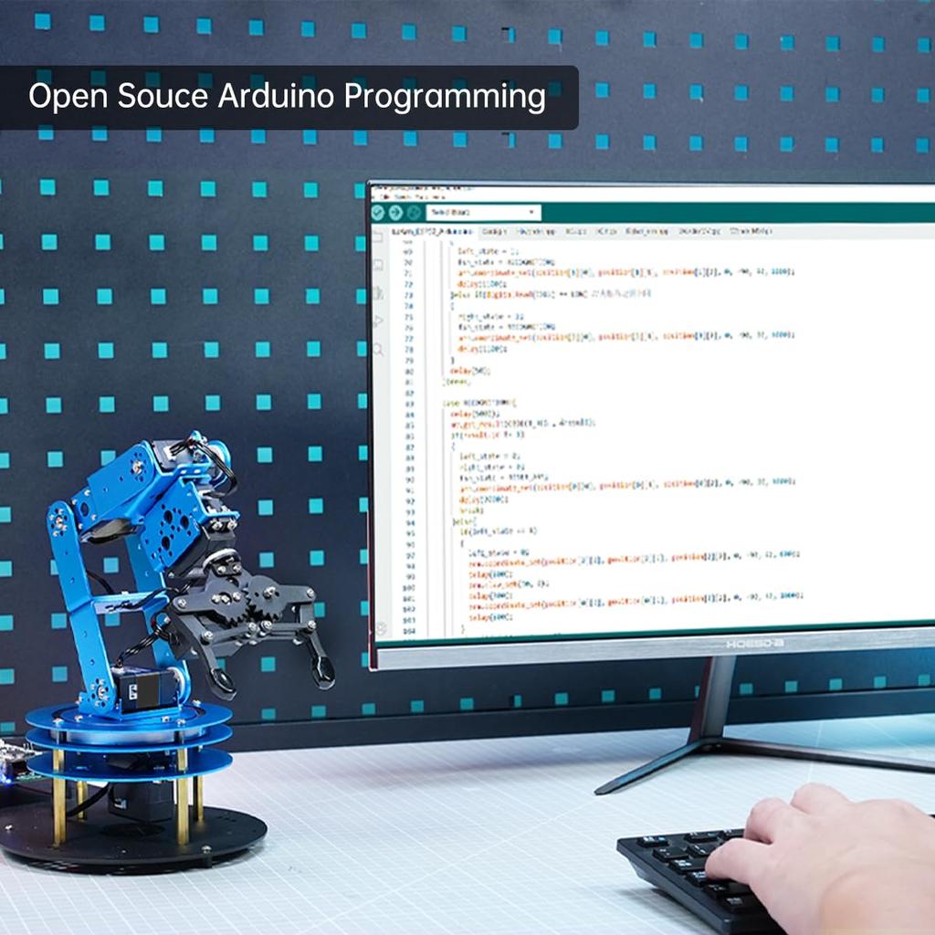 Hiwonder Robot Arm Kit: 6-degree-of-freedom programmable robot arm with 6 servos, handle, and mechanical claw. PC software and app control compatible.