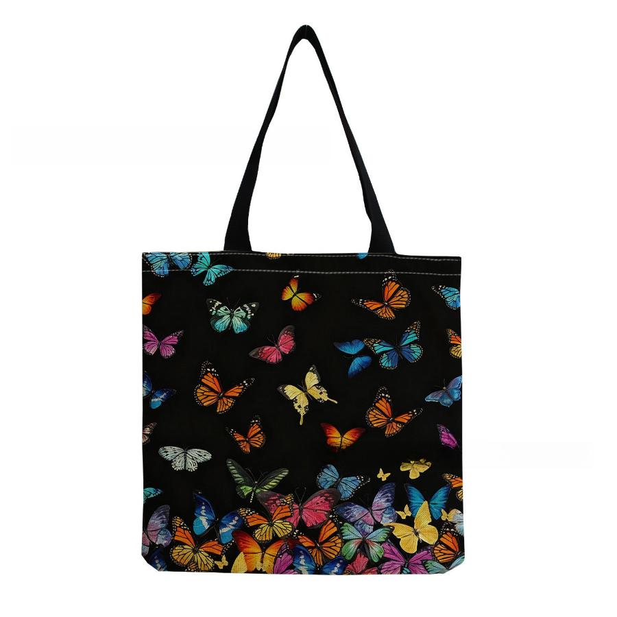Women Vintage Linen Tote Bag - Large Capacity Butterfly Print Shoulder Handbag for Casual & Grocery Shopping KTB