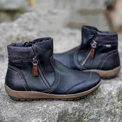 Women's Retro Flat Ankle Boots, Casual PU Leather Side Zipper Slip On Shoes, Contrast Color Stitching Short Boots
