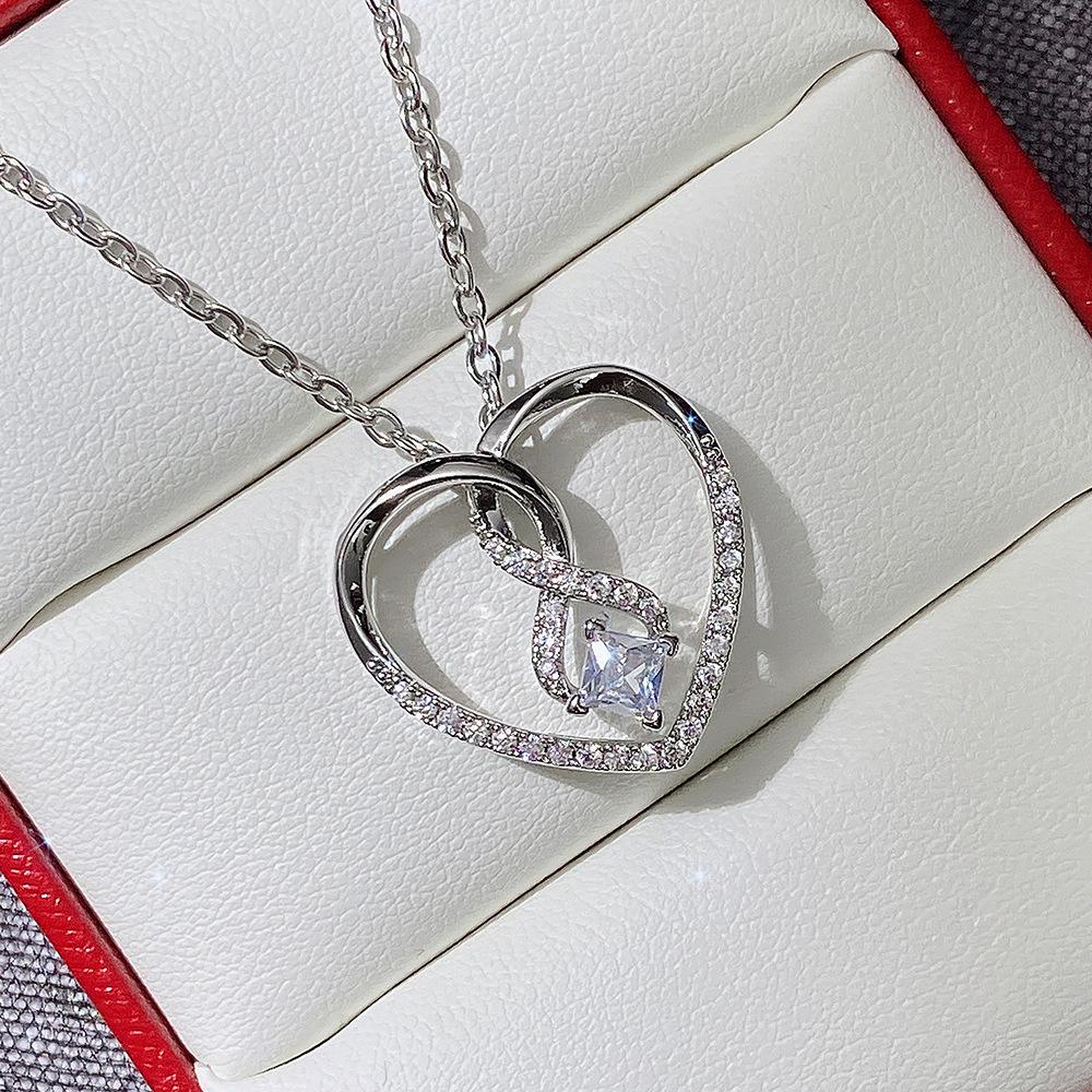 Silver Plated Infinity Heart CZ Pendant Necklace, Princess Cut Love Cable Chain Necklace for Women