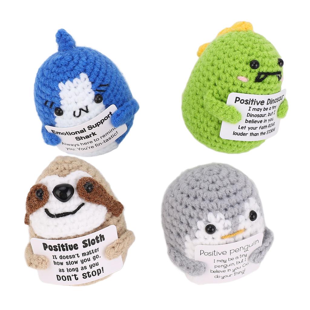 4 Pcs Crochet Animal Grey Penguin Blue Shark Dinosaur Sloth Emotional Support Positive Knitted
