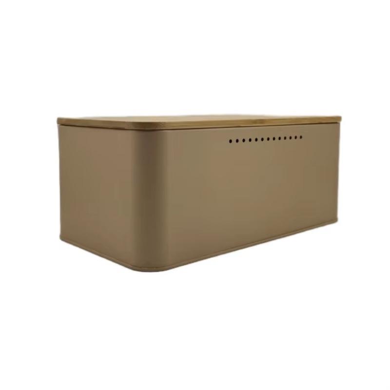 Einfache quadratische Metall-Brotbox, atmungsaktiver und frischhaltender Aufbewahrungsbehälter für die Küche, braune und rote Bambusdeckel-Brotaufbewahrungsbox.