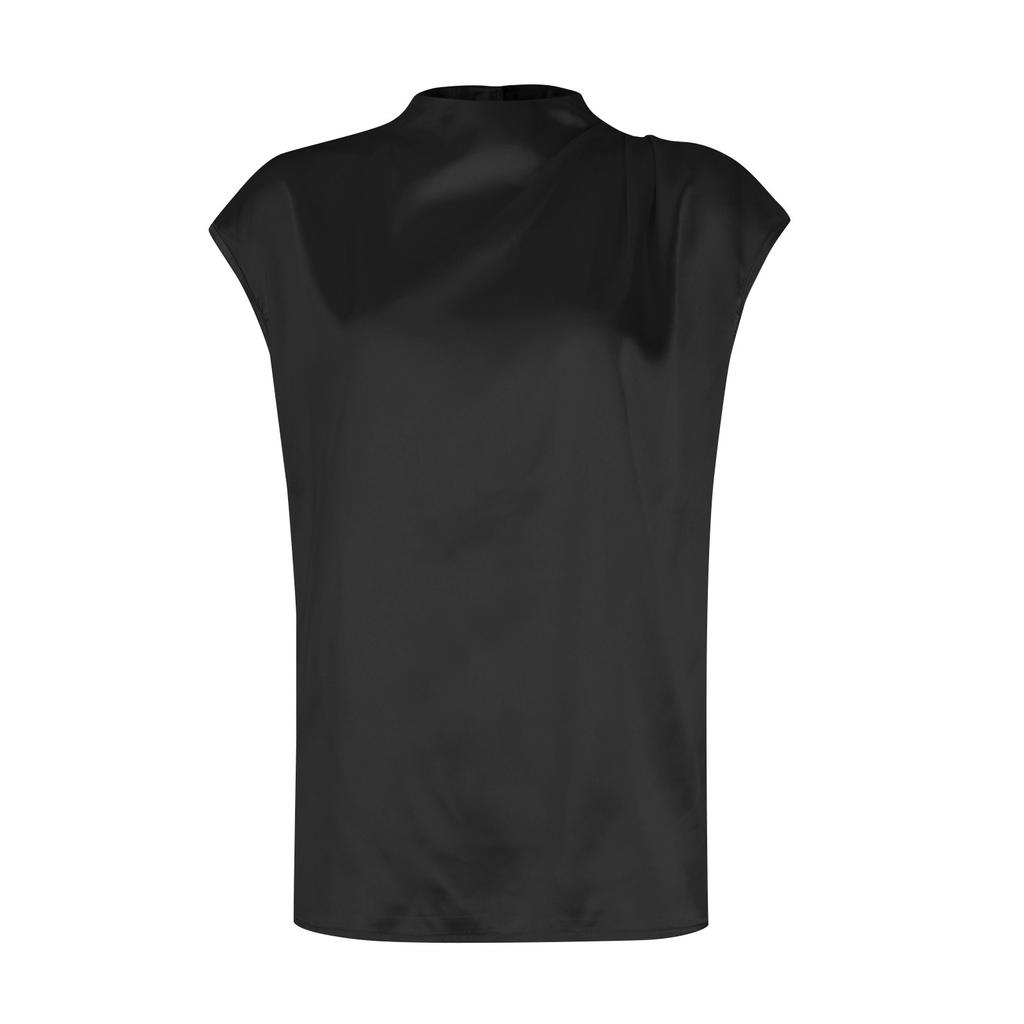 Women's Casual Elegant Satin Pleated Round Neck Shirt Solid Color Pullover Sleeveless Formal Work Shirt Top