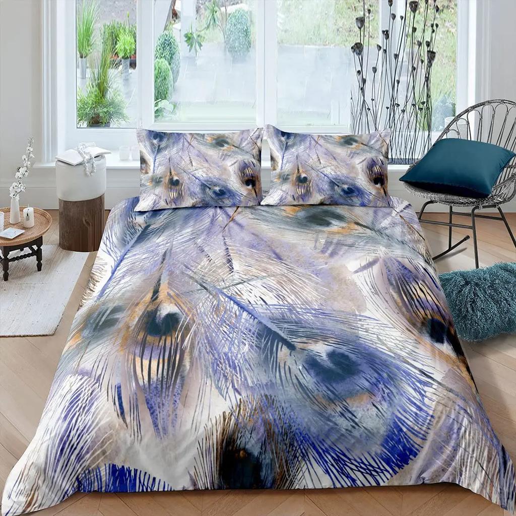 Peacock Feather Duvet Cover Set Full Queen Size Birds Feather Bedding Sets Chic Fantasy Peacock Feathers Comforter Cover 3 Pcs