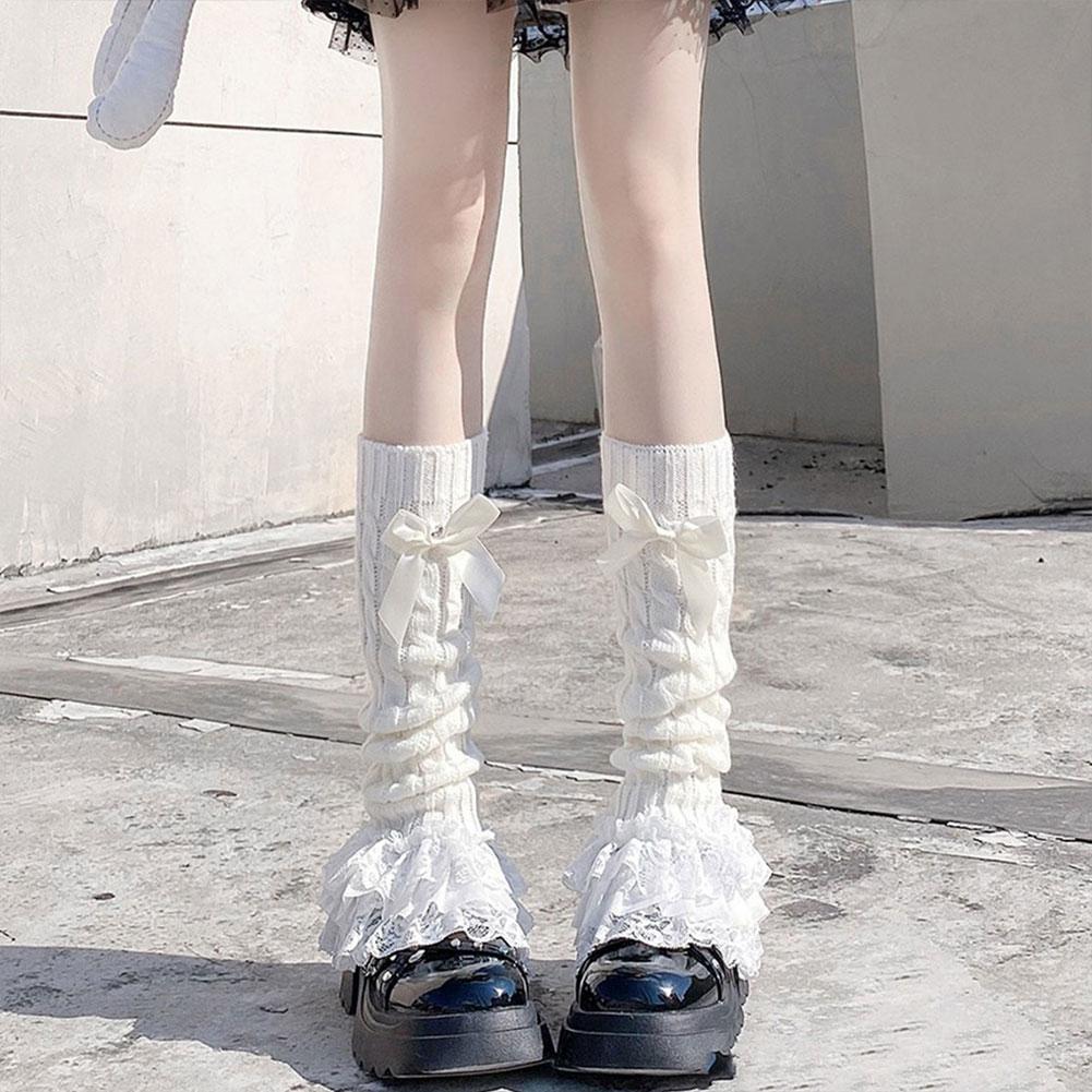 1pc Bow Lace Mid-tube Socks Lolita Winter Leg Cover Japanese Socks For Women's Warm Style Lace Q8Z6
