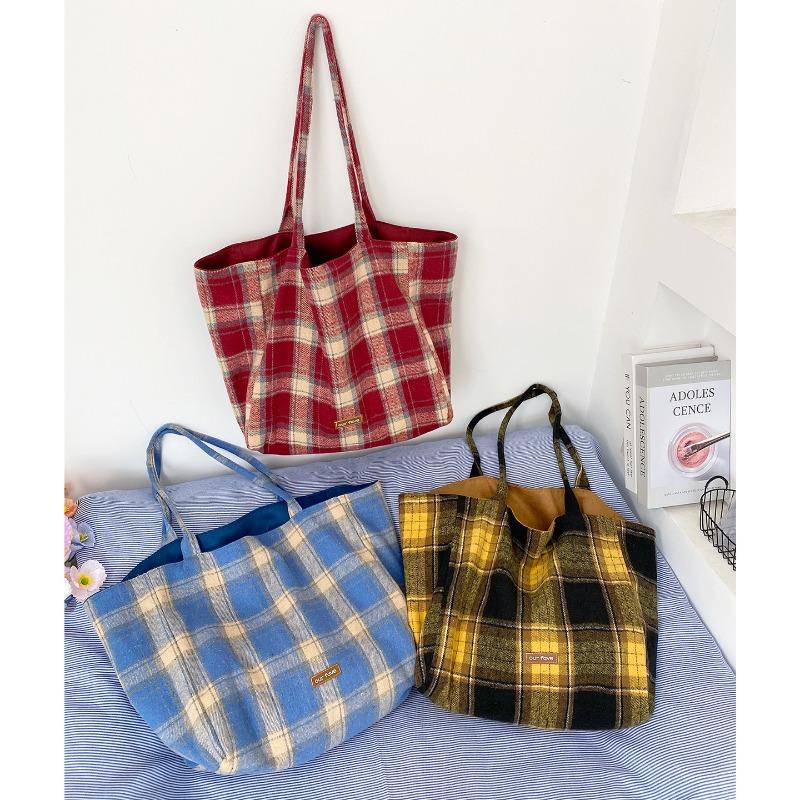 Autumn and Winter Woolen Plaid Double-sided Bag Fresh College Style Shoulder Bag Large Capacity Lazy Style Tote Bag Women