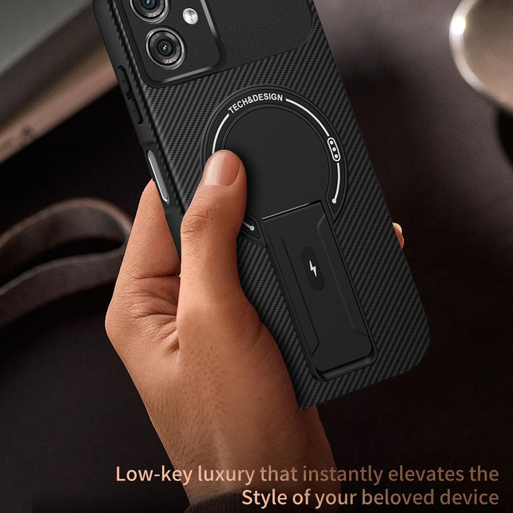 For Motorola Moto G55 5G Case Carbon Fiber Texture PC + TPU Phone Cover with Kickstand