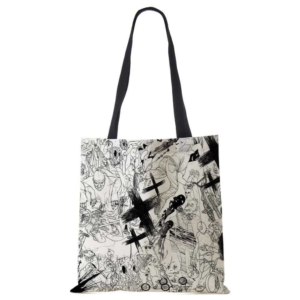 Abstract Print Casual Shoulder Bag Women Canvas Shopping Reusable Tote Bag 2022 Harajuku Travel School Book Beach Handbag CLE