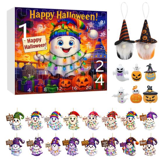 Halloween Advent Calendar 2025 24 Day Countdown Calendar with Acrylic Ghost/Gnome/Pumpkin Ornaments for Indoor Outdoor Home Party Decor
