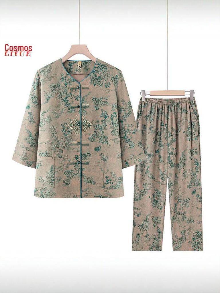 Women's Spring & Autumn Tang Suit Set: Middle-Aged & Elderly Cardigan, Loose Casual Home Wear, Red Zodiac Year Design