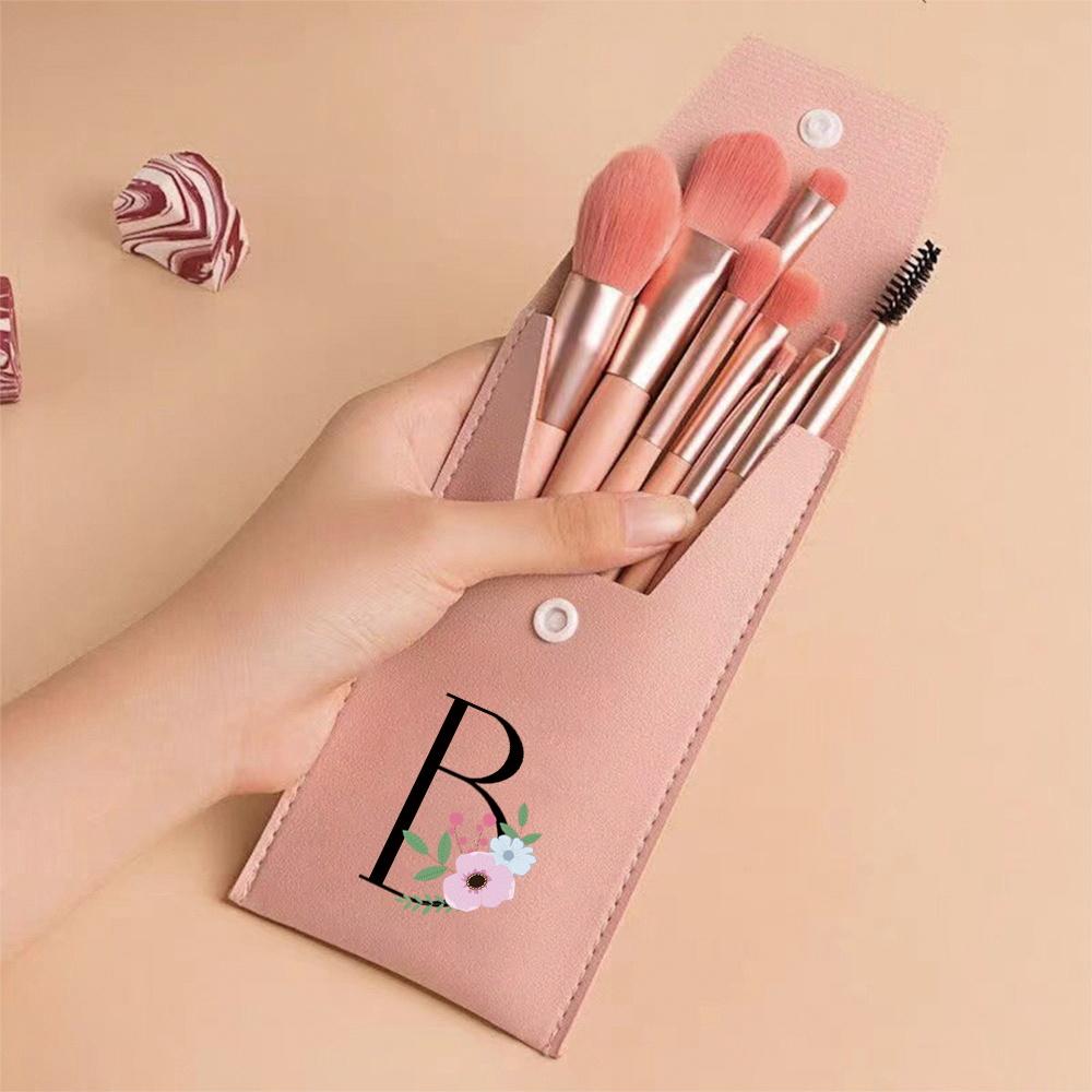 Pink Makeup Brushes Set Soft Synthetic Hair Portable Powder Eyeshadow Brushes For Daily Use Flower And Black Pattern