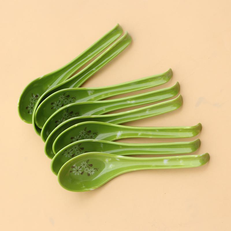5/10Pcs Break-Resistant Melamine Spoon Thickened Flower Soup Spoons With Hook Portable Long Handle Plastic Food Tableware Green