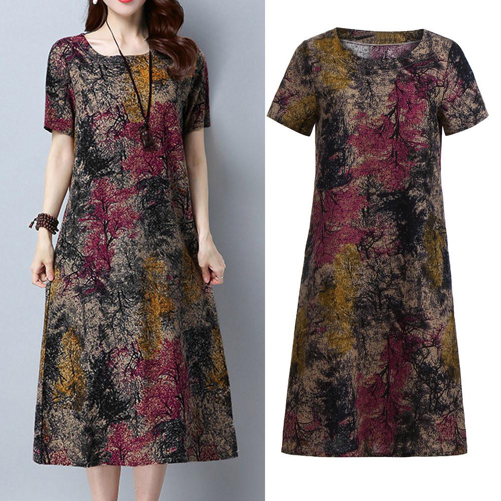 

Модное женское свободное повседневное платье с коротким рукавом и карманом из хлопка и льна с принтом 4XL красный