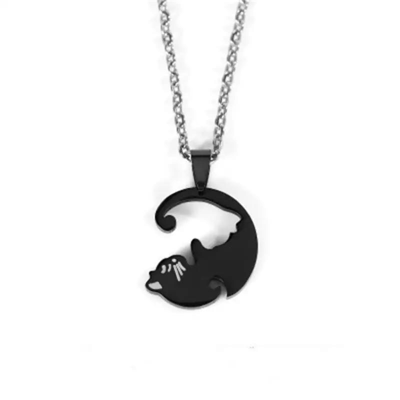 

Two Cat Couple Necklaces Jewelry Stainless Steel Black White Kitten Animal Pendant Choker Necklace Lovers Friendship Gift чорний