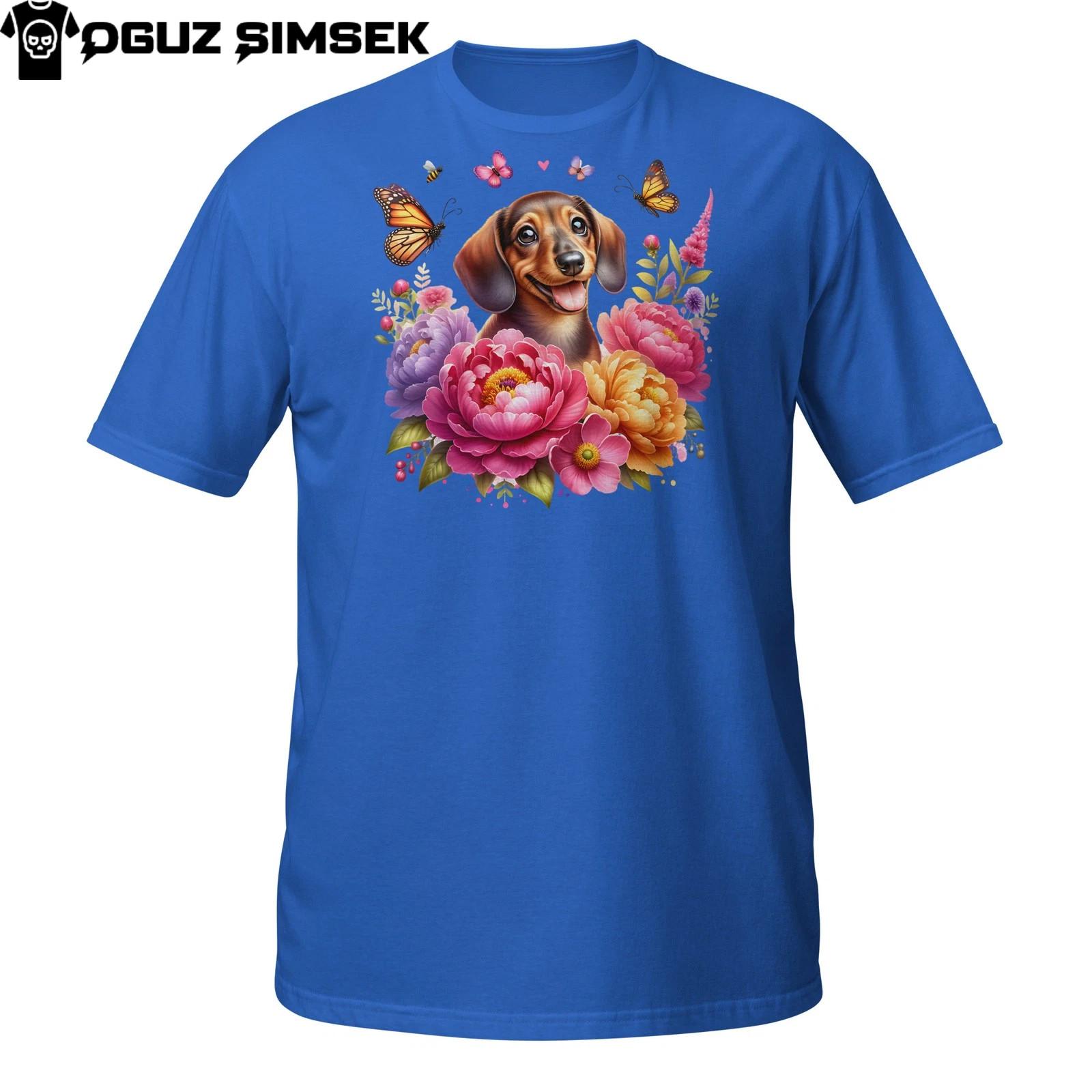 Dachshund T-Shirt Mens Womens Tees Top – Cute Wiener Dog with Colorful Flowers and Butterflies L