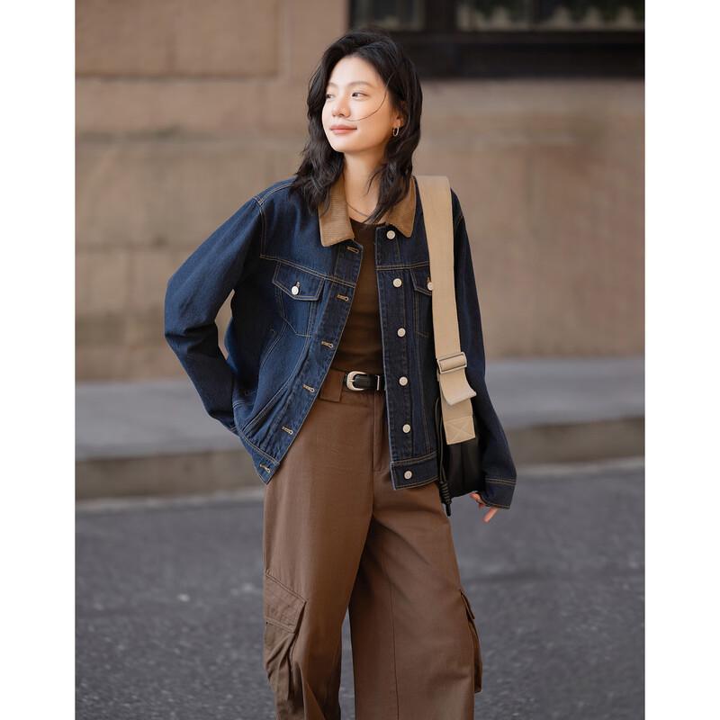 

Demana Retro Color-block Corduroy Collar Denim Jacket S