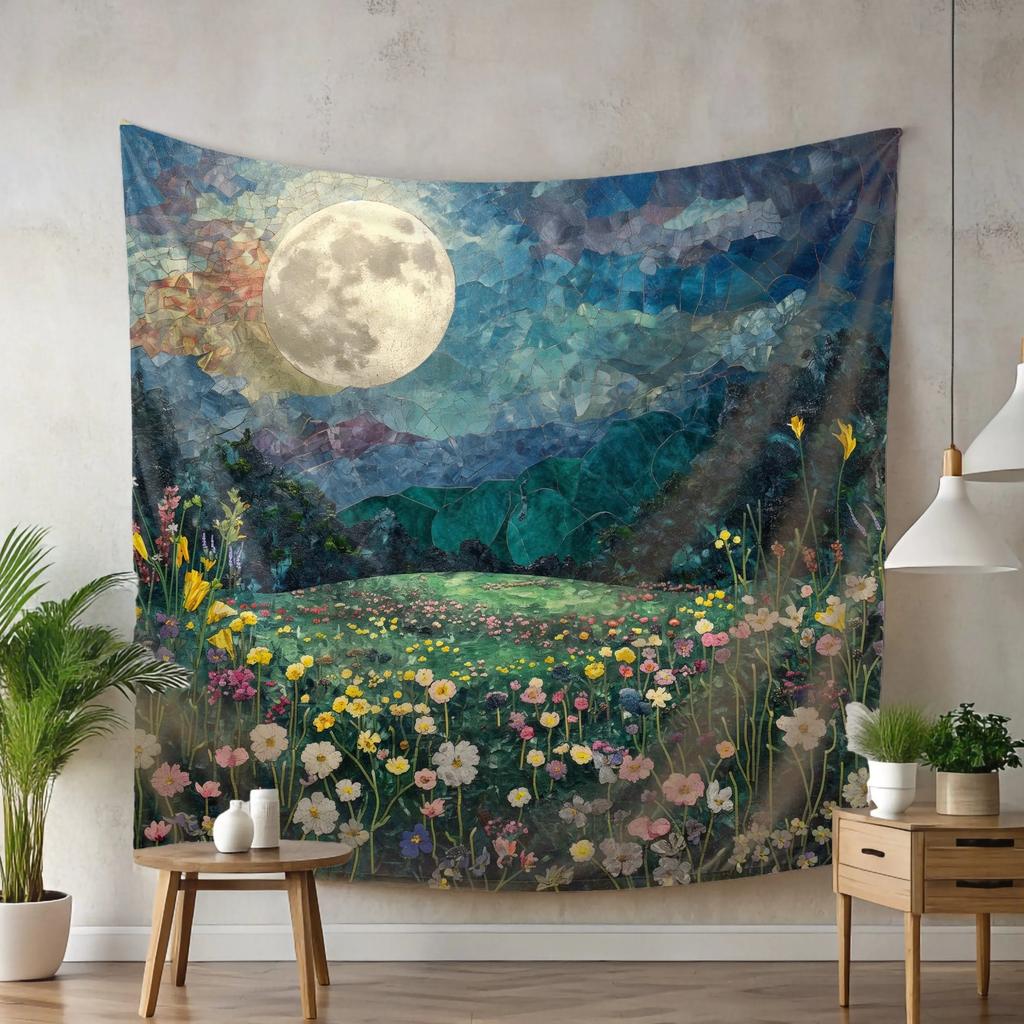 Arazzo Notte Lunare Atmosferica Pelle di Pesca Stampa Piatta 2D Appeso a Parete Scenografia Prato di Fiori Selvatici Mosaico Decorazione per Soggiorno