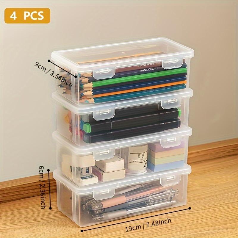 4pcs Plastic Clear Storage Box, Desktop Pen Pencil Marker Box, Flip Organizer With Hinged Lid, Back To School Supplies, Office Storage Box