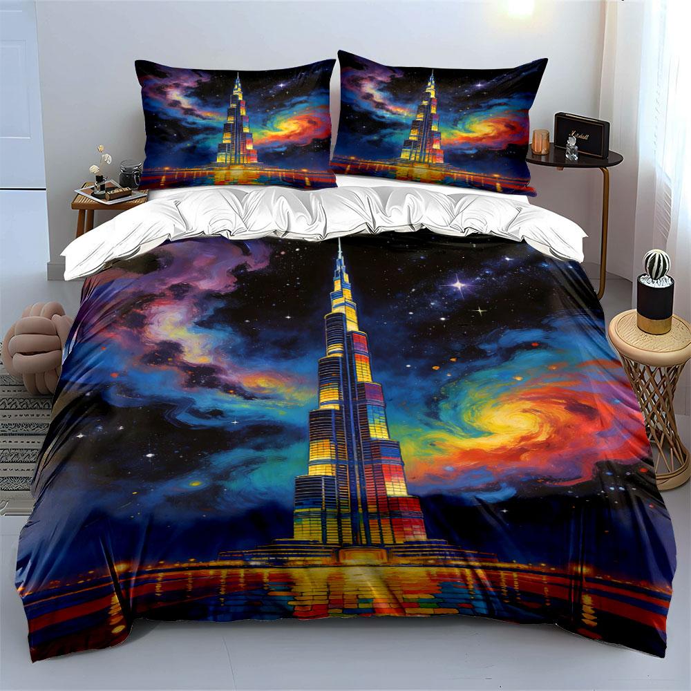 Colorful skyscraper and galaxy. Bedding sets Duvet cover sets Duvet covers Pillowcases(1 * Duvet Cover 2 * Pillowcases without duvet insert)