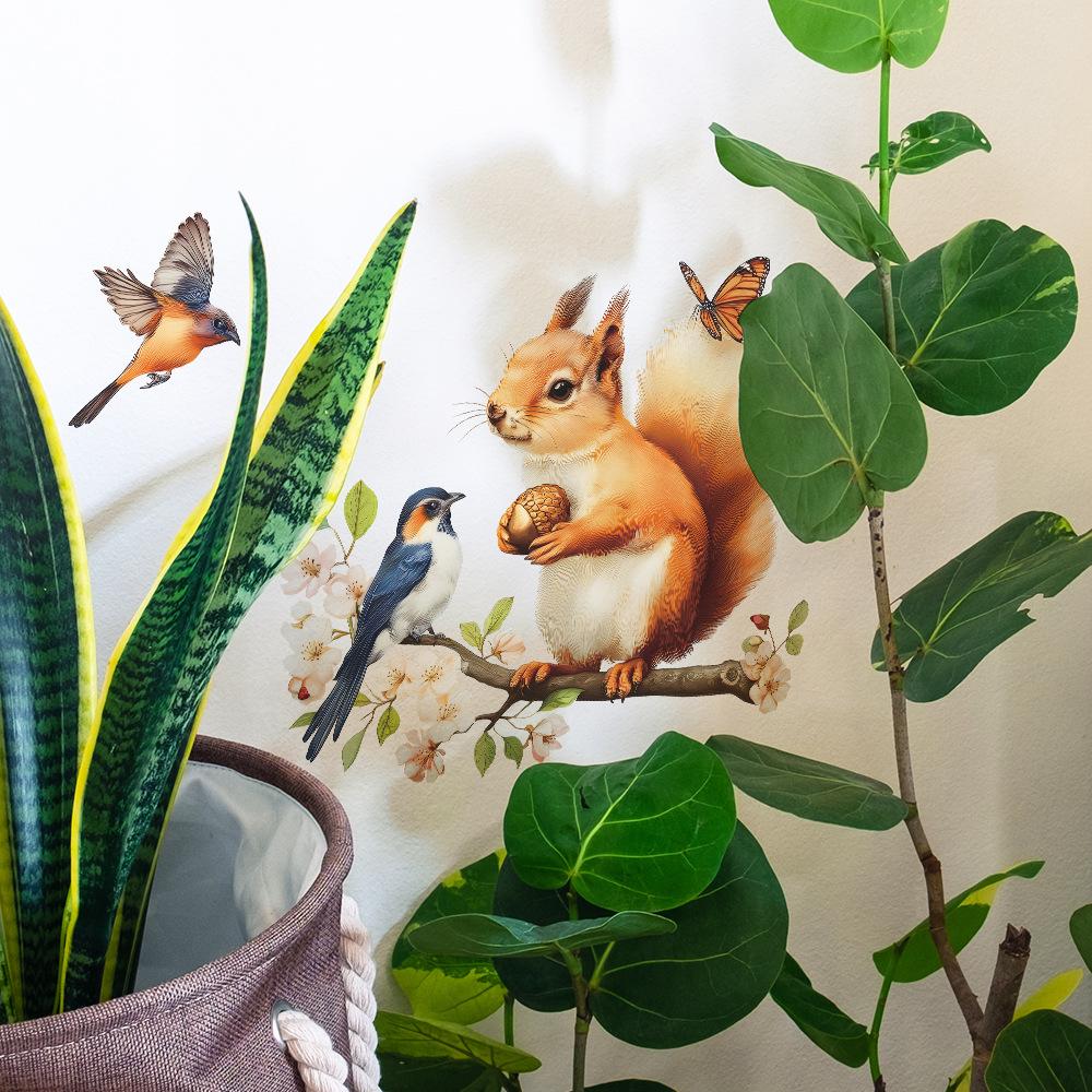 Static Cling Cute Squirrel Branches Flowers Birds Window Stickers for Glass Cabinet Shop Window Home Decor