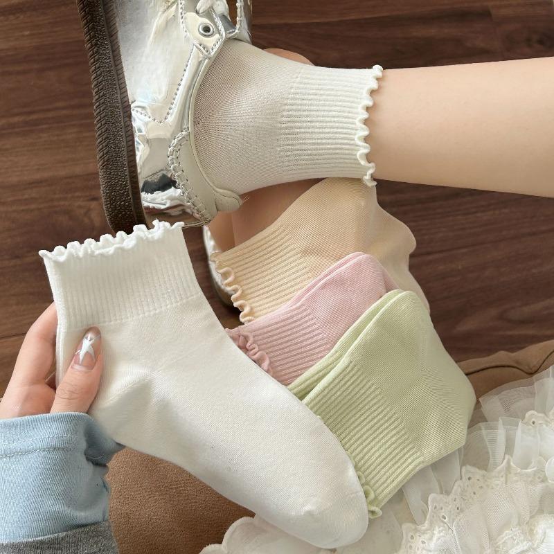 Women's Cotton Boneless Spring and Autumn Socks with Black Fungus Edges, Sweat-absorbing Lace Mid-calf Socks, Solid Color Socks