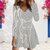Women Plus Size V Neck Long Sleeve Cat Printed Grey Checkerboard A Line Dress