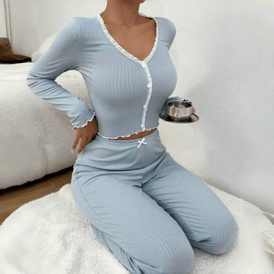 Women's Pajamas Homewear Set Under Sexy Lingerie Pajamas Long-Sleeved Trousers Slim Sexy Lace Double-Length Pajamas Homewear
