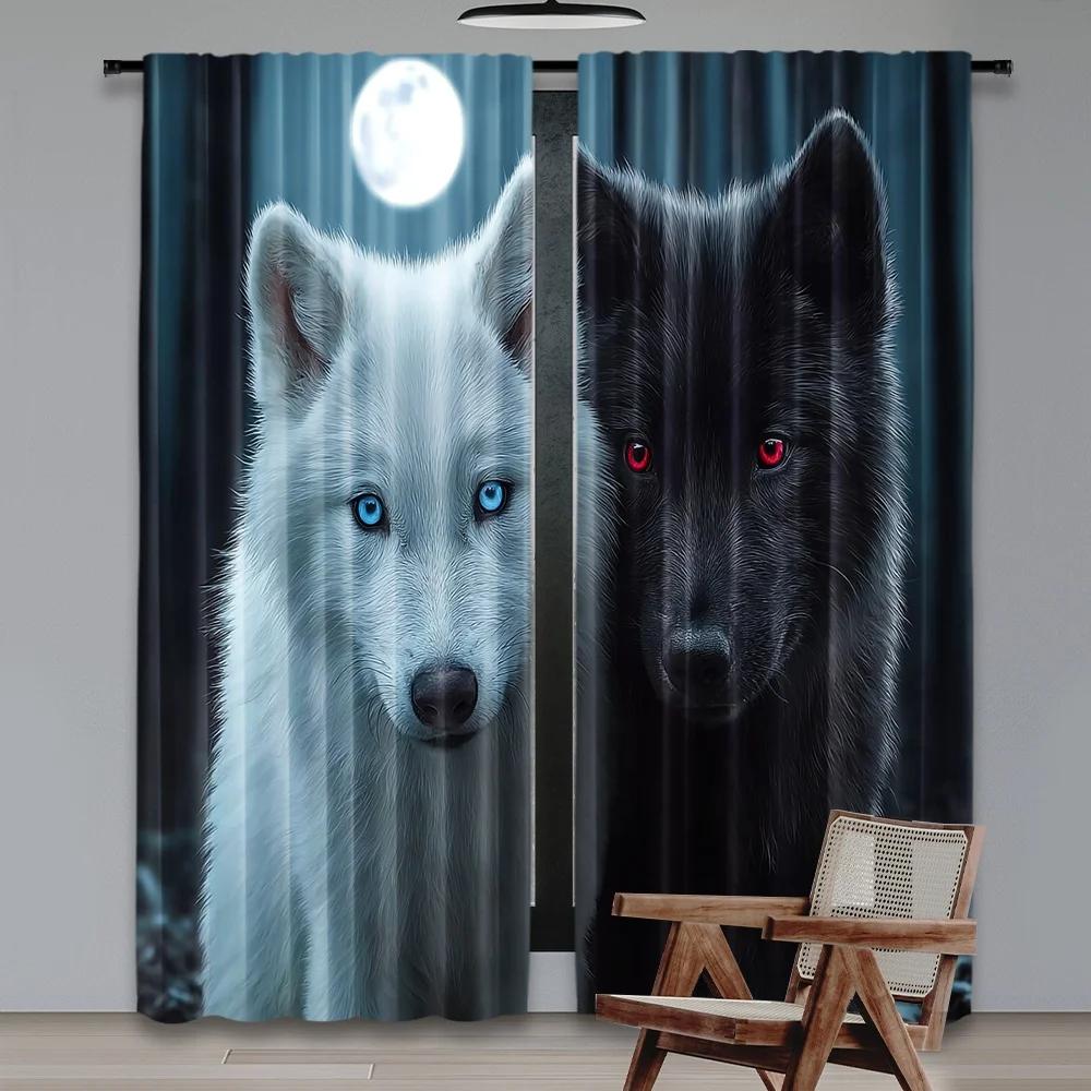 Set Of 2 Flat Printing Window Curtains Horror Fantasy Moonlit Wolves Digital Printed Polyester Drapes Birthday Party Indoor Curtain