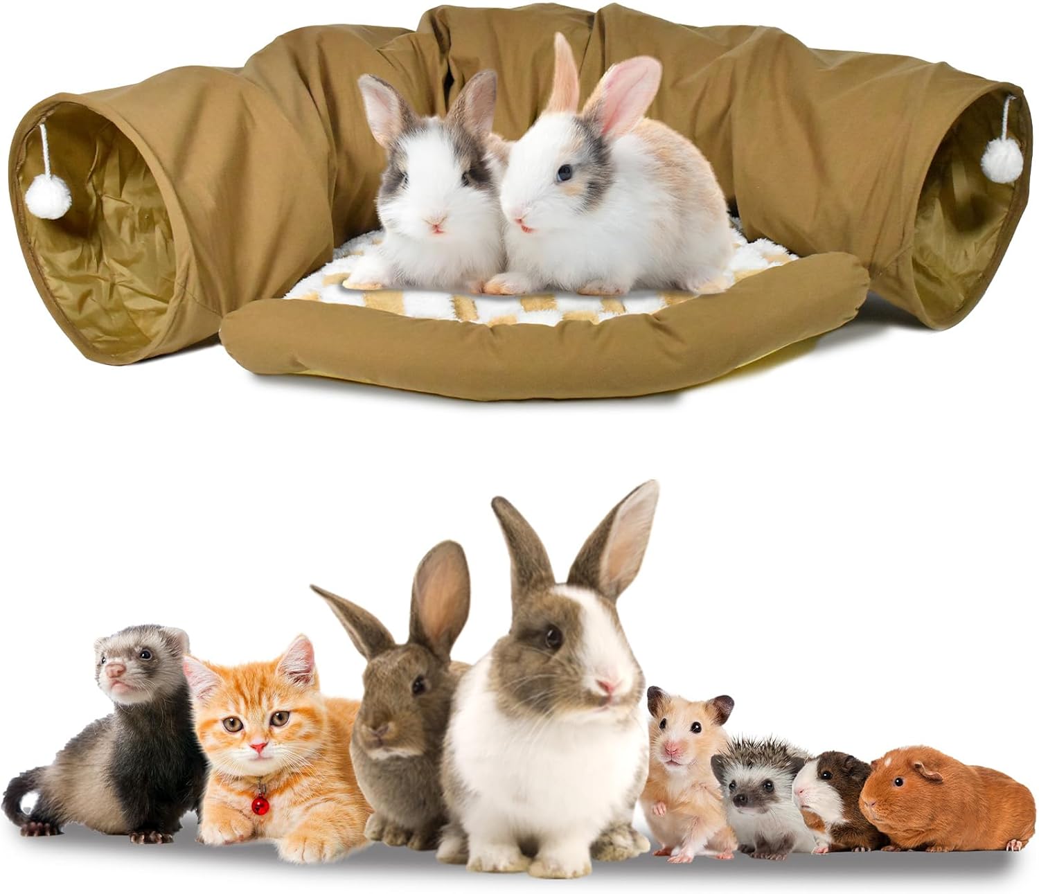 

Bunny Tunnel Bed, 2-in-1 Collapsible Tunnel Toy for Rabbits, Cats, Ferrets, Guinea Pigs with Removable Mat коричневый