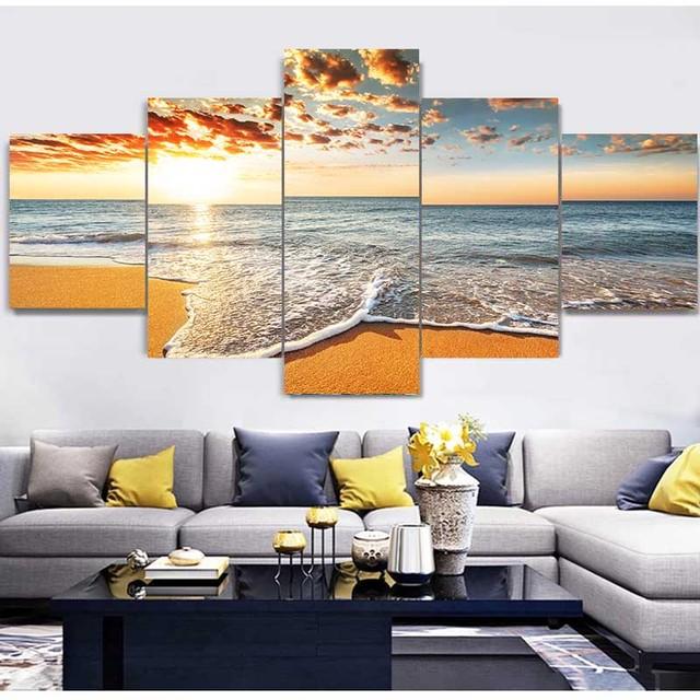 5 Pieces Natural Blue Beach Sunset Landscape Canvas Painting Seascape Posters And Prints Wall Art Pictures Home Decor No Frame