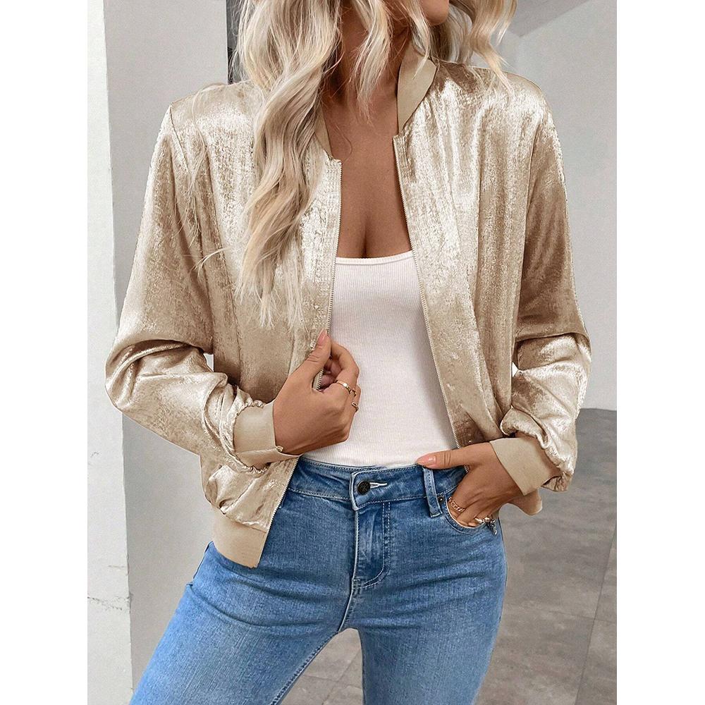 Damen Paillettenjacke, karierte Fliegerjacke, langärmliger Reißverschluss Herbstjacke Mantel