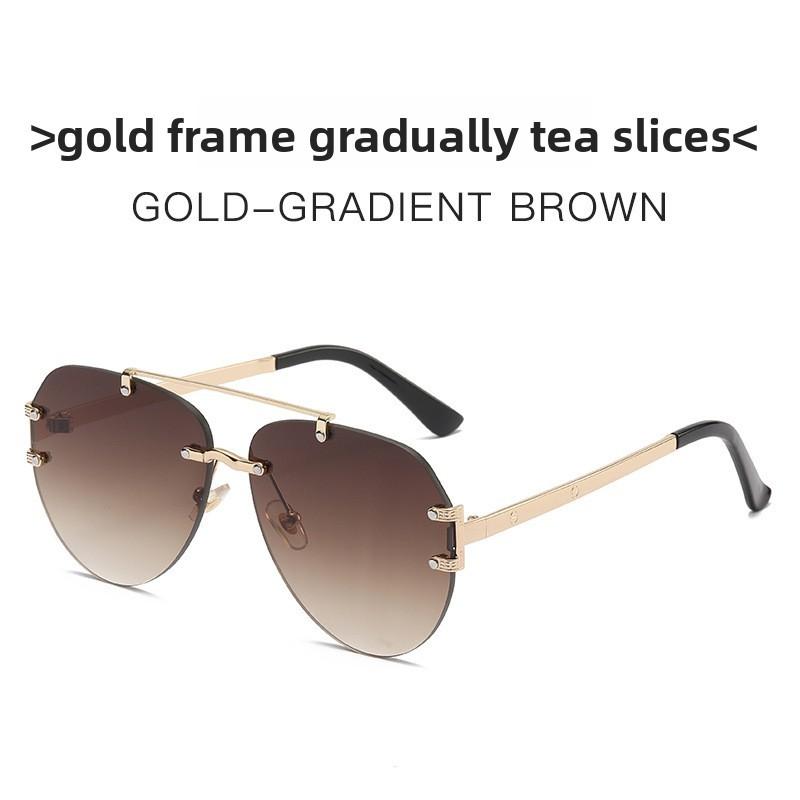 Fall European Fashion Double Bridge Metal Rimless Tortoise Sunglasses For Travel And Outdoor