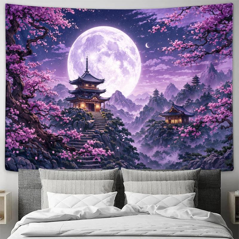 Japanese Moonlight Sakura Pagoda Mountain Landscape Wall Tapestry Machine Washable All Season Print Oriental Fantasy Design Home 74x94cm(29x37in)