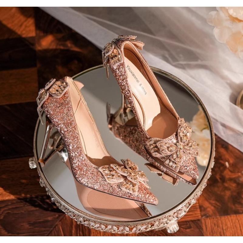New Shiny Bowknot Thin Heels Pumps Women Slip-On Bling Crystal Party Shoes Woman Sexy Pointed Toe Glitter High Heels Shoes