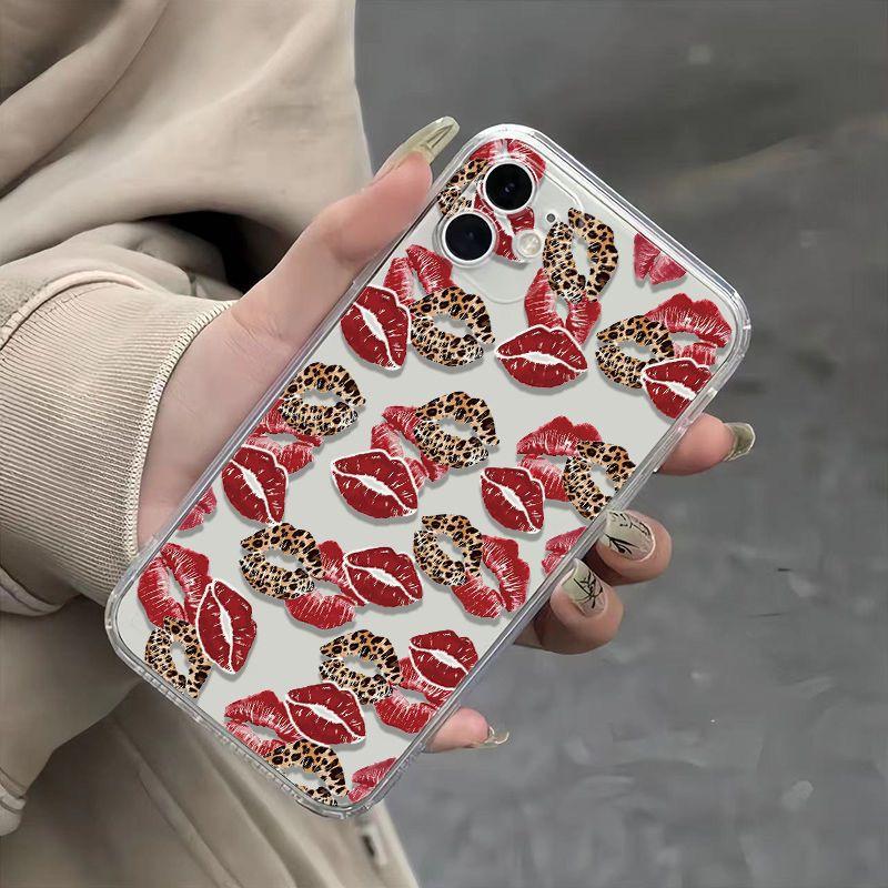 Leopard Print Red Lips Transparent Phone Case For iPhone 16 15 11 12 14 13 Pro Max Mini X XSMax XR 7 8 Plus SE4 16e Silica Cover