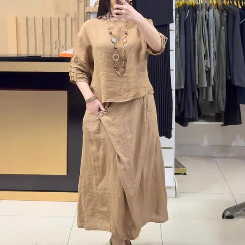 Casual O Neck Top Pullover A-Line Skirts Cotton Linen Set Woman 2 Pieces Half Sleeve Loose Outfit Spring Vintage Suit Harajuku