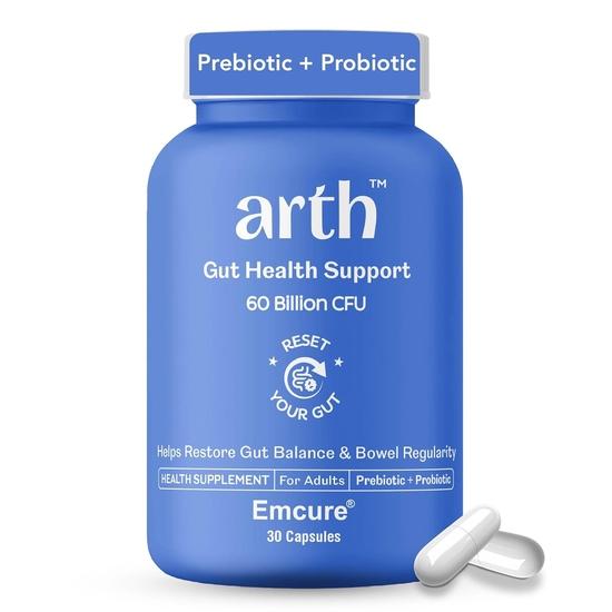 Arth Gut Health Capsules | Prebiotic & Probiotic Supplement with 60 Billion CFUs | Helps with Digestive Health, Gut Balance, Bowel Regularity| 30N Veg