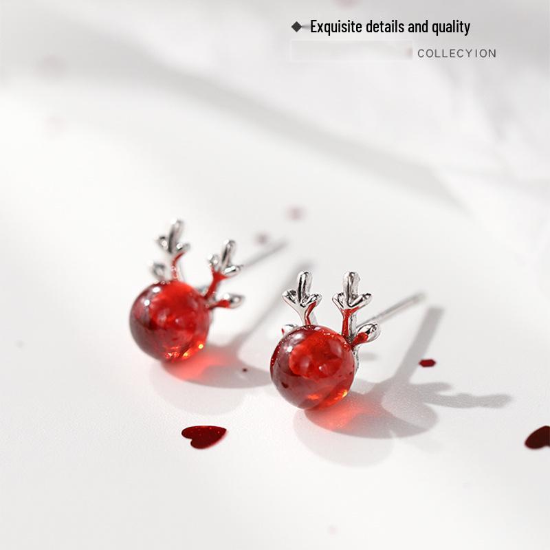 S925 Sterling Silver Garnet Reindeer Antler Stud Earrings - Cute Christmas Gift with Japanese and Korean Girlish Style